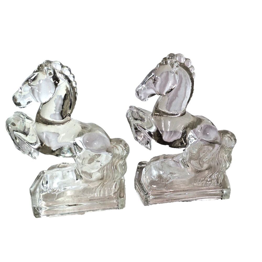 Vintage Clear Pressed Glass Rearing Horse Bookends Pair MCM 8"x5"x3" Equestrian